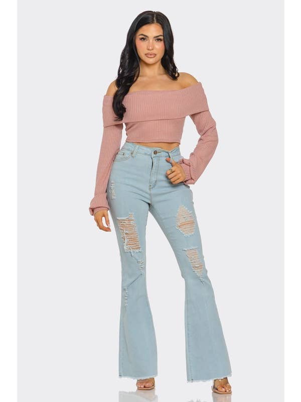 SEXY STAR DESIGN INC - Wholesale Blouse - Women's - Long Sleeve Fold Over Off Shoulder Crop Tops Print3