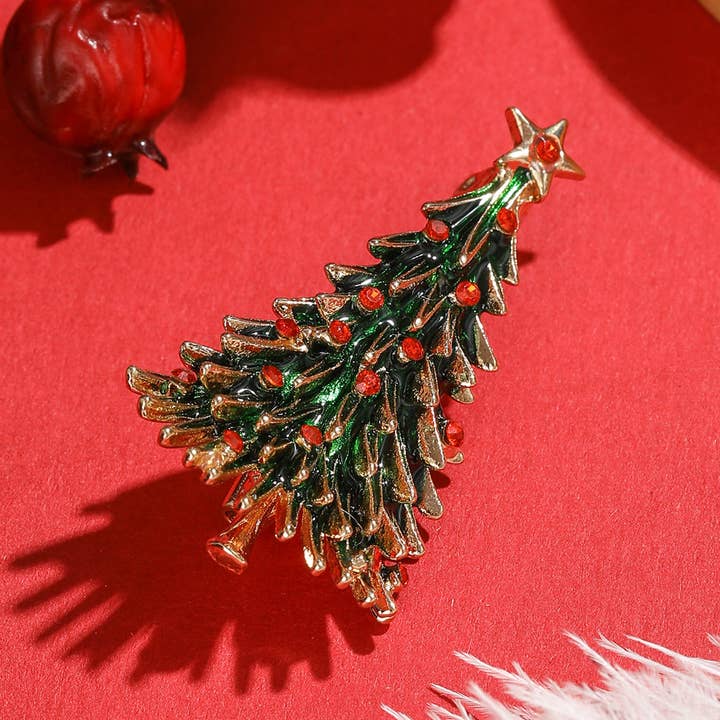 Green Enamel Christmas Tree Brooch with Red Rhinestones for wholesale on Faire3