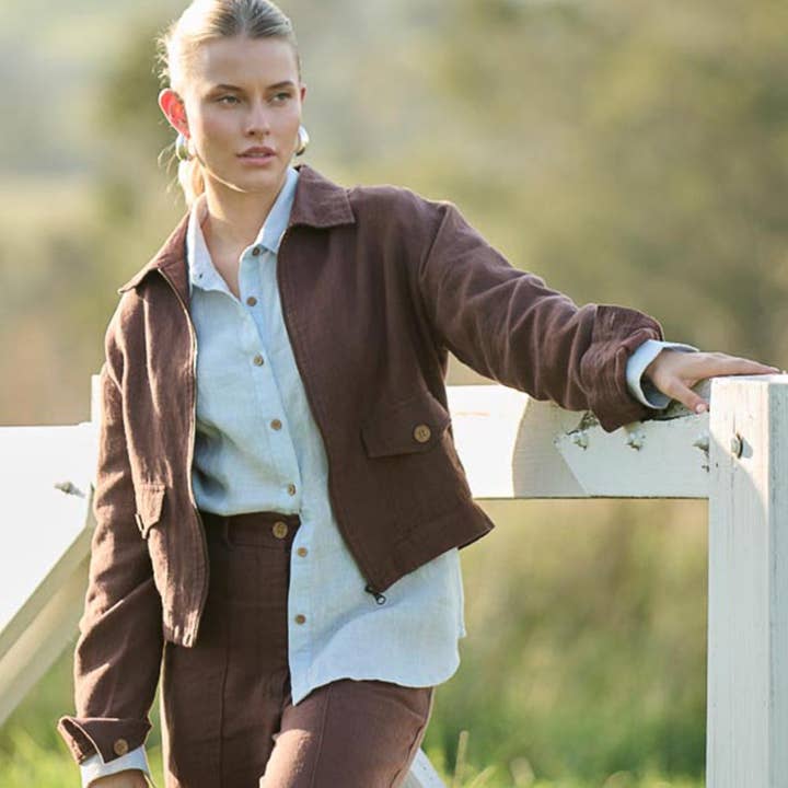 Lynlas Linen Jacket - Chocolate and other Purchase Wholesale chef jacket. Free Returns & Net 60 Terms on Faire trending on Faire.