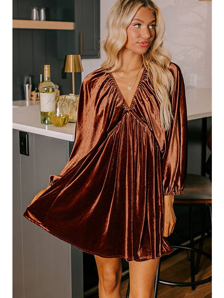 Clay Elastic V Neck Puff Sleeve Short Velvet Dress for wholesale on Faire2
