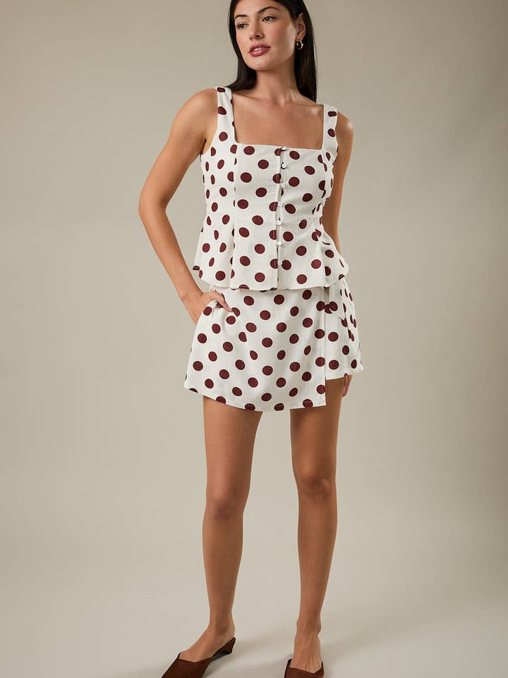 BACK WAIST ELASTIC FRONT RIBBON TIE DETAIL POLKA DOT SKORT for wholesale by GILLI