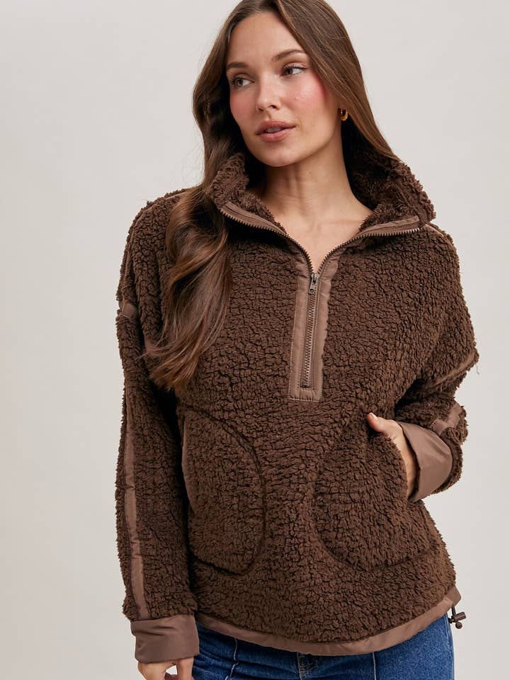 Bluivy - Wholesale Outerwear - Maternity - HALF ZIP CONTRAST SHERPA FLEECE TOP WITH POCKETS