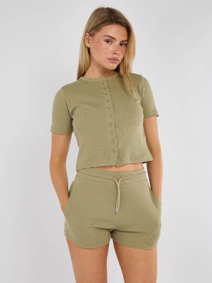 AX Labels - Wholesale Lounge Set - Women's - Ribbed Button Through Short Sleeve Top and Shorts Co-ord12