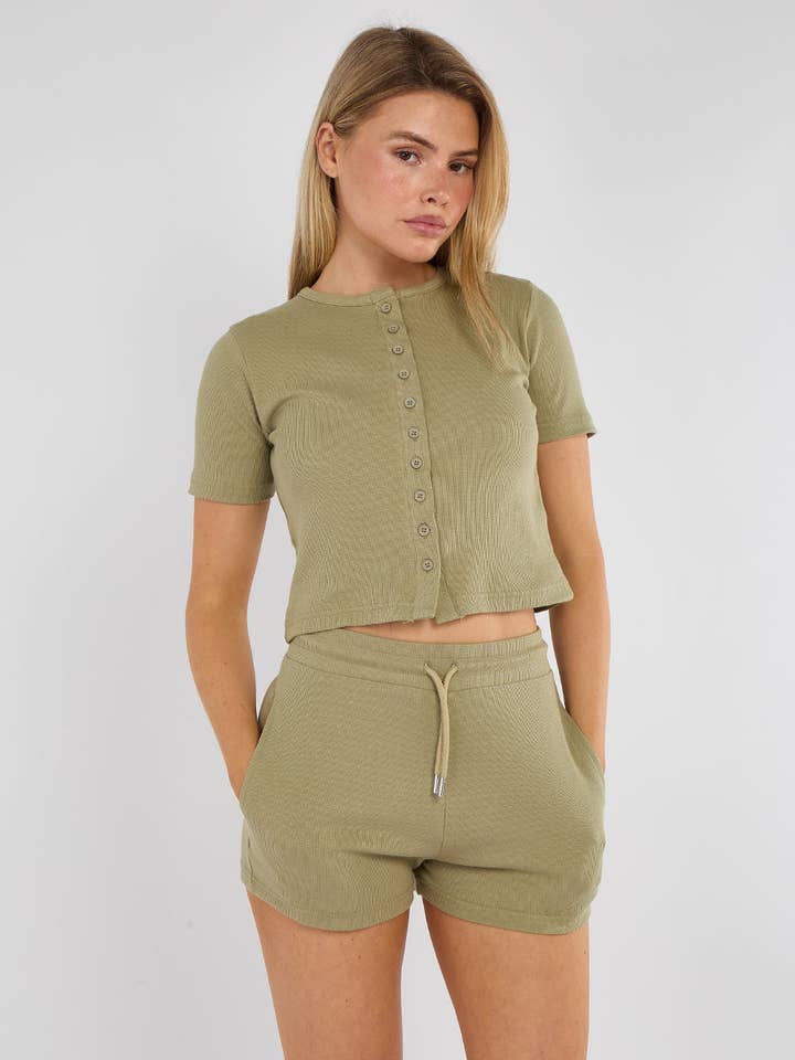 AX Labels - Wholesale Lounge Set - Women's - Ribbed Button Through Short Sleeve Top and Shorts Co-ord12