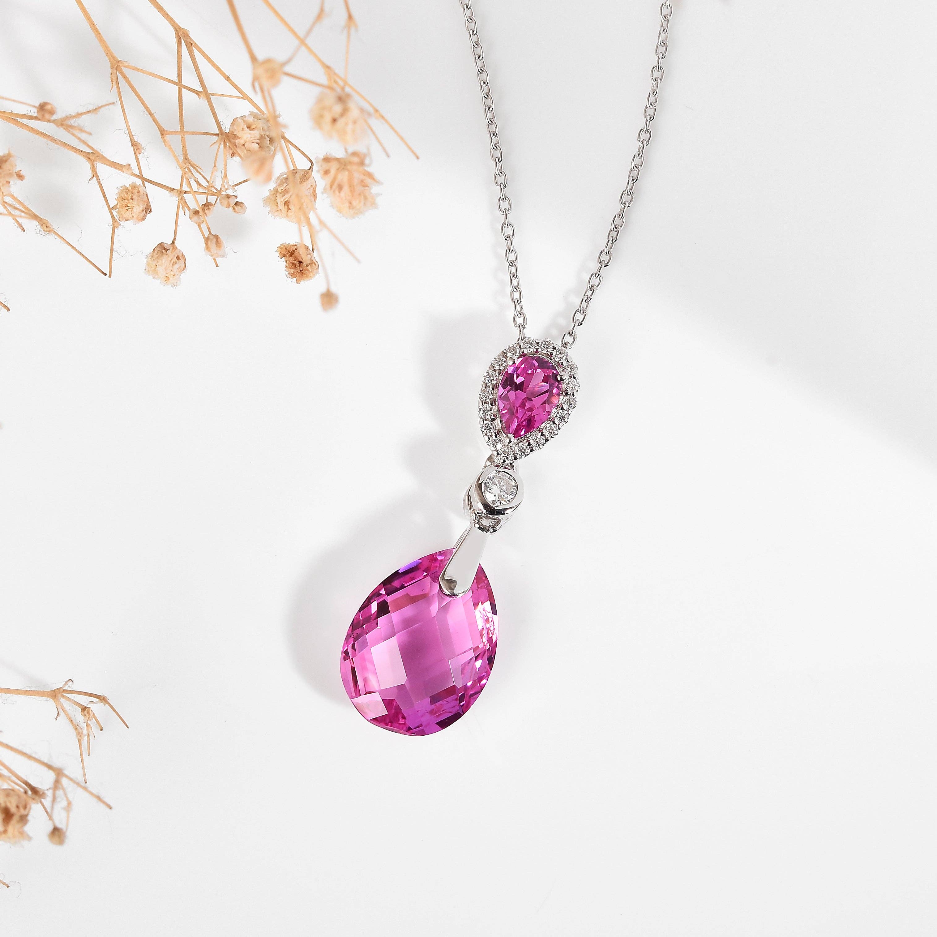 FCJ Jewelry LLC - Wholesale Pendant/Charm Necklace - 925 Silver Created Pink Sapphire Teardrop Pendant Necklace3