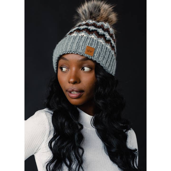 Panache Apparel Co. - Wholesale Beanie - Women's - Gray, Brown & White Winter Pattern Pom Hat