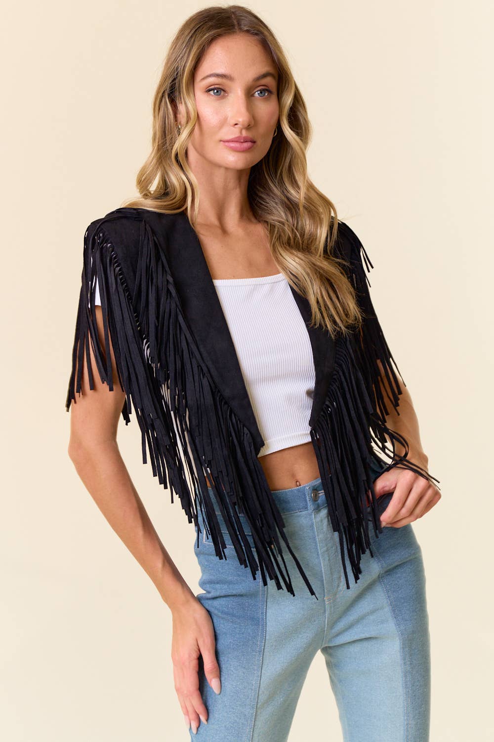 Saints & Hearts - Wholesale Outerwear Vest - Women's - SIJ5247A BLACK TRENDY WESTERN FRINGE SUEDE COLLAR / SHRUG1