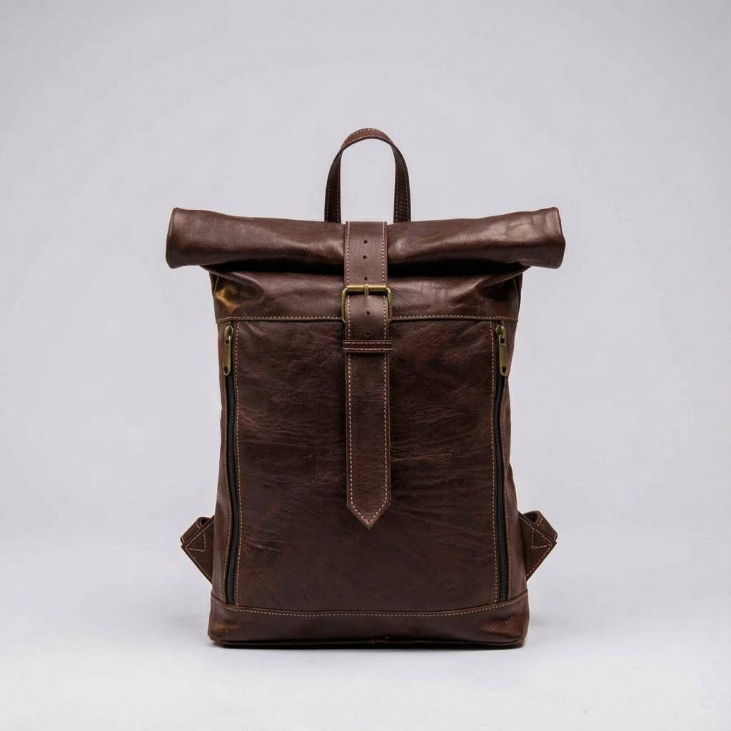 Melecraft - Wholesale Backpack - Unisex - Vintage Style Leather Roll Top Backpack - Rustic Travel Bag4