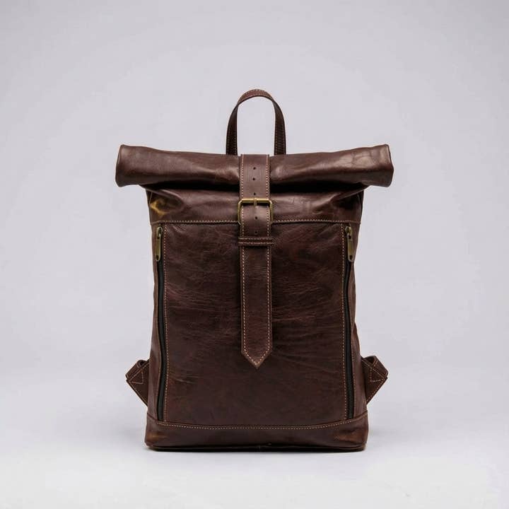 Melecraft - Wholesale Backpack - Unisex - Vintage Style Leather Roll Top Backpack - Rustic Travel Bag4