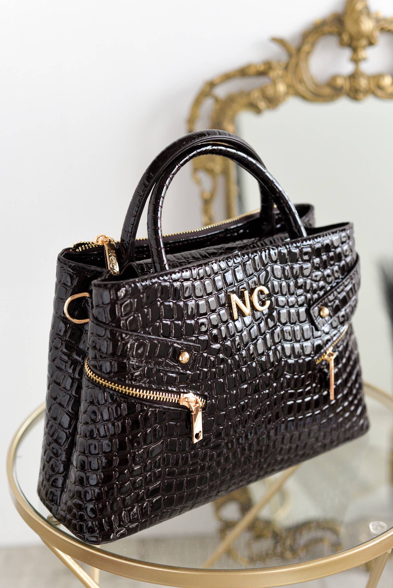 NOCO - Wholesale Top Handle Bag - Women's - Patent Leather Coco Tote Zippers Brown0