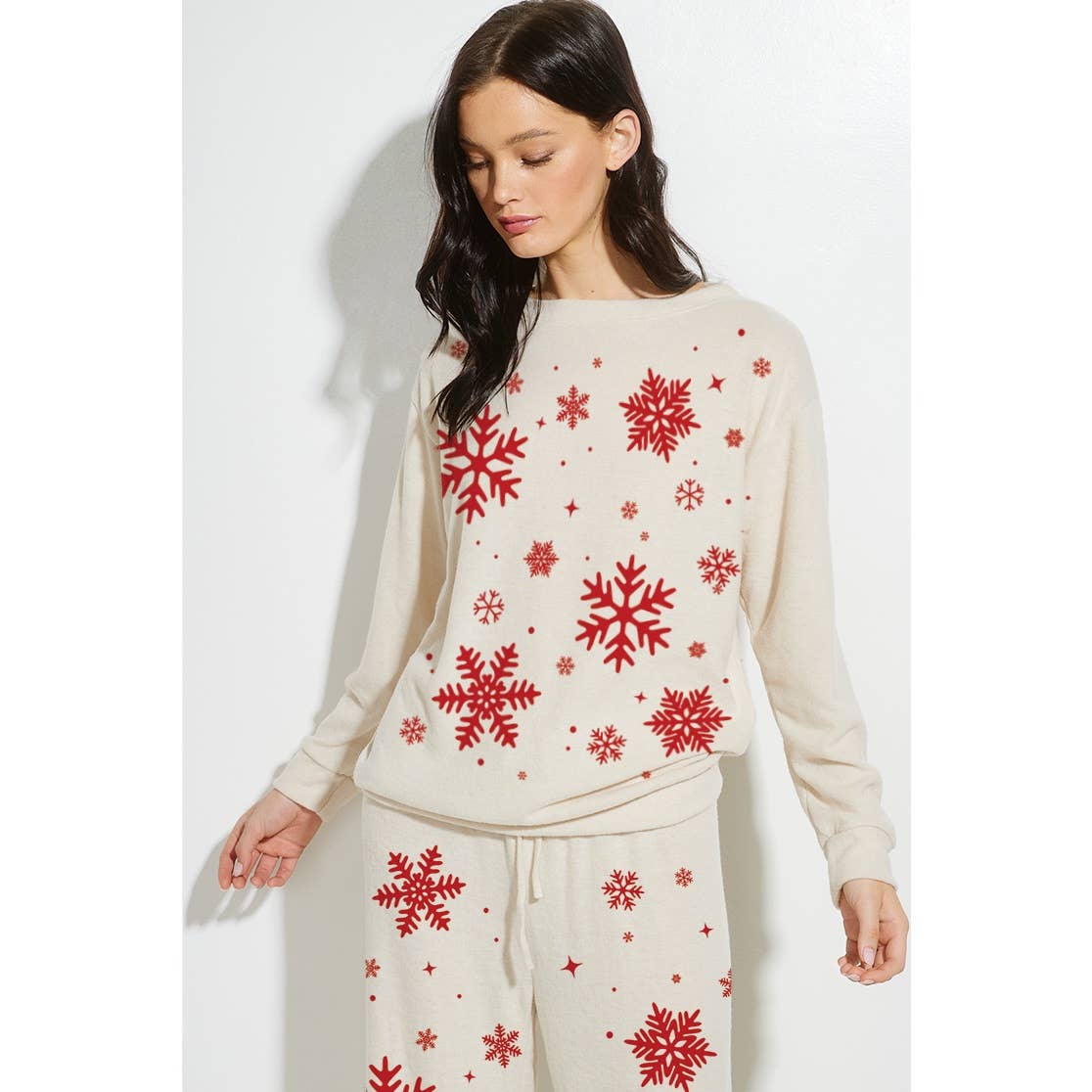 Phil Love - Vendita all'ingrosso Completo top e pantaloni (NON loungewear) - Donna - Set di abbigliamento da salotto in morbida spazzola Snowflake Allover5