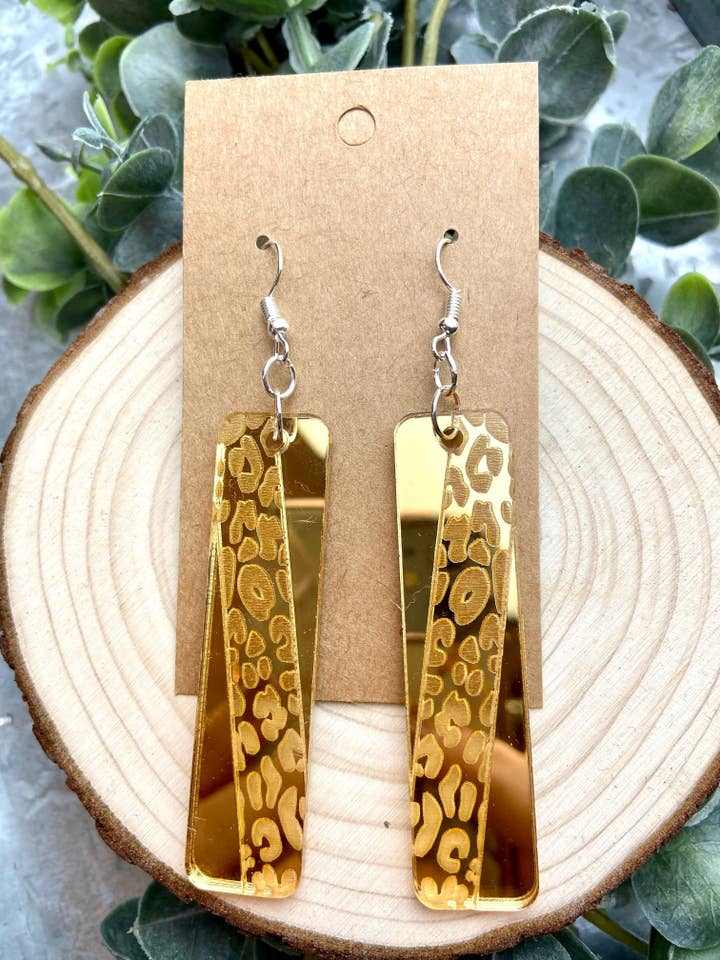 Gold Mirror Acrylic Leopard Bar Earrings for wholesale by Lindsey Lane Wholesale