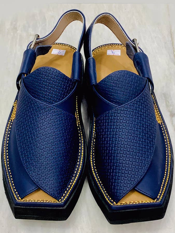 Blaue Ledersandalen, handgefertigt, Peshawari Chappal, traditionell für den Großhandel von vintarust