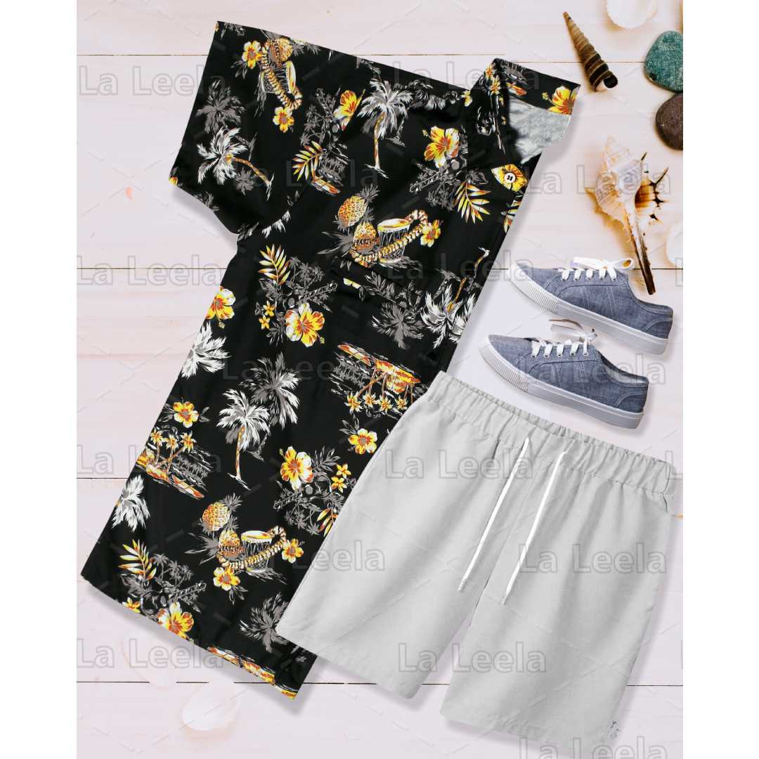 La Leela Men's Palm Tree and Floral Printed Black Shirt for wholesale on Faire4