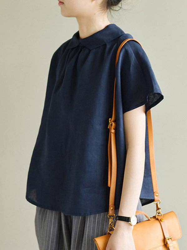 VividLux - Wholesale Blouse - Women's - Artistic Retro Short Sleeves Loose Pleated Solid Color Blouses&Shirts Tops8