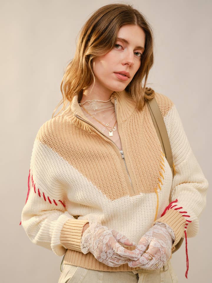 52184W Western Embroidered Mock Neck Sweater for wholesale by Blue B