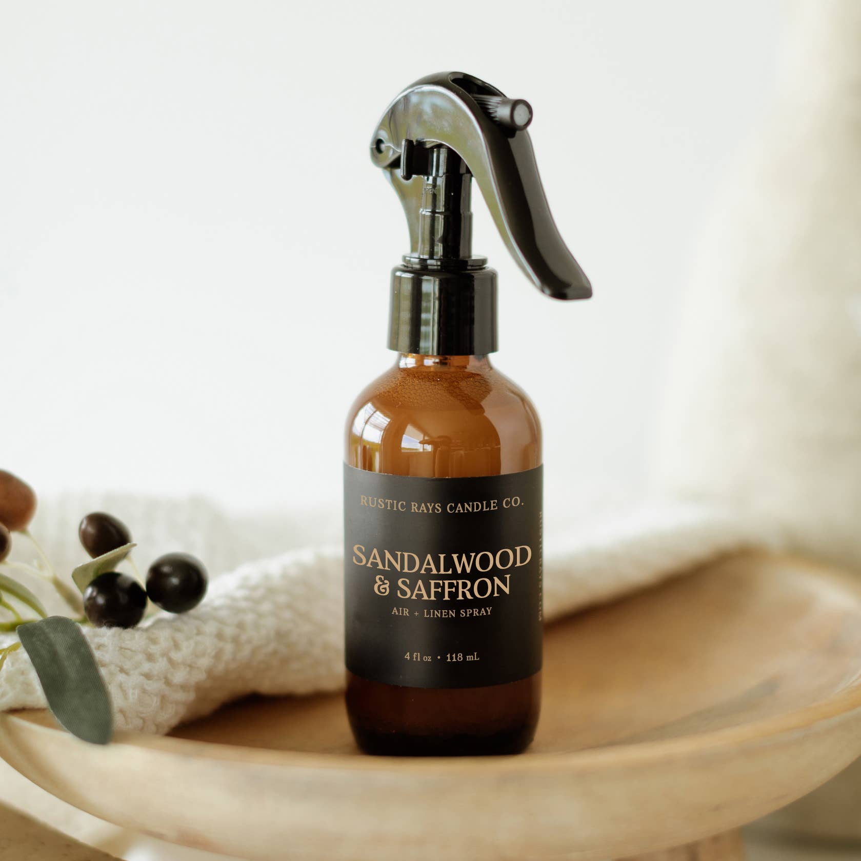 Rustic Rays Candle Co. - Wholesale Room & Linen Spray - Sandalwood & Saffron Room Spray - 4 oz Amber Glass Bottle0