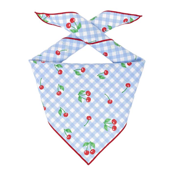 Cherries Dog Bandana, Cherry, Blue Gingham for wholesale by Paisley Paw Designs