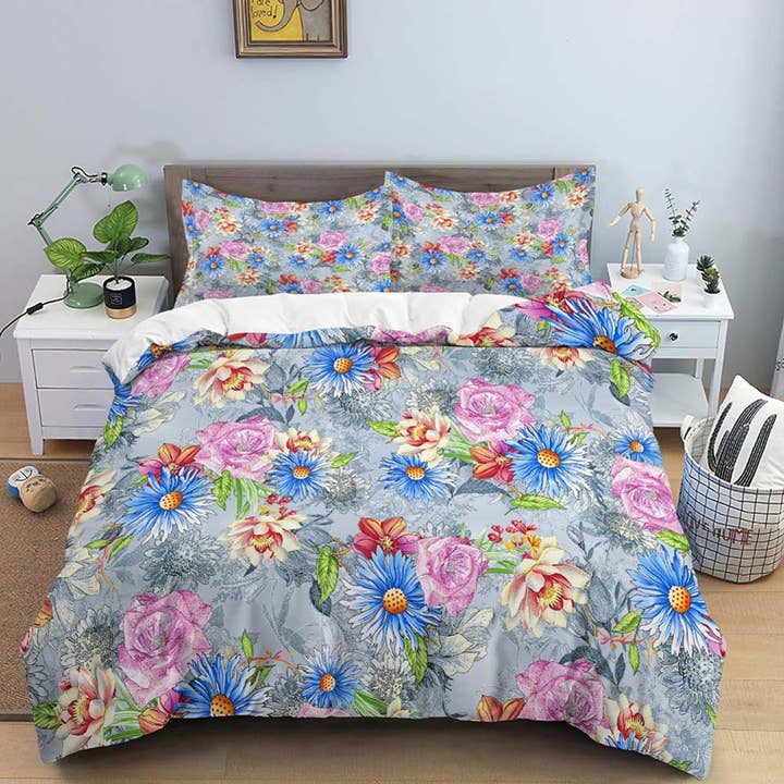 Housse de couette florale grise Shabby Chic, literie pour chambre d'adolescente, lit de bébé fille, couvre-lit Boho Maximalist, literie esthétique pour la vente par daintyduvet