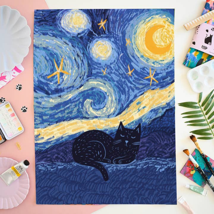 Starry Night Cat Tea Towel for wholesale by Niaski - Feline Fine Art (USA DUTIES PAID)
