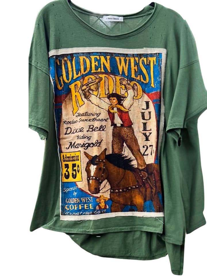 Vintage Golden West Rodeo-affisch Överdimensionerad Patchwork T-shirt för wholesale av LeParisPetit by I Love Linen