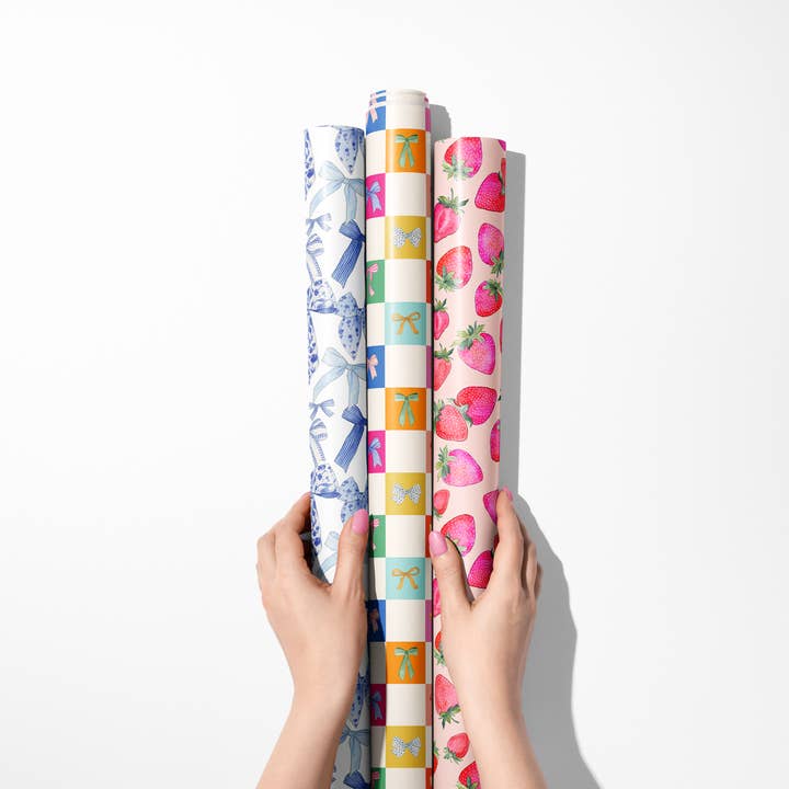 KelseyMDesigns - Wholesale Wrapping Paper Roll - Colorful Checkered Bows Wrapping Paper - 3 Sheet Roll