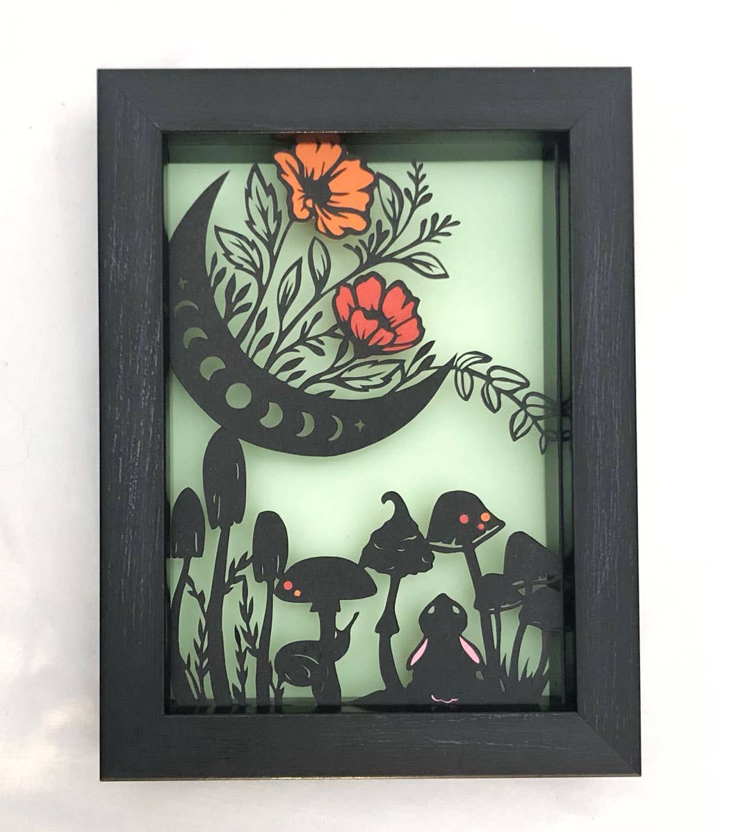 Squirrel Tacos Papercuts - Wholesale Art Print - Framed Hand Cut Paper Art - Crescent Moons and Cotton Tails2