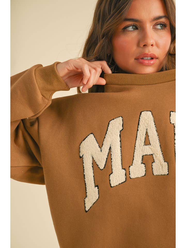 MIOU MUSE - Wholesale Graphic Sweatshirt - Women's - T3062 BOUCLE LETTER PATCH SWEAT SHIRTS