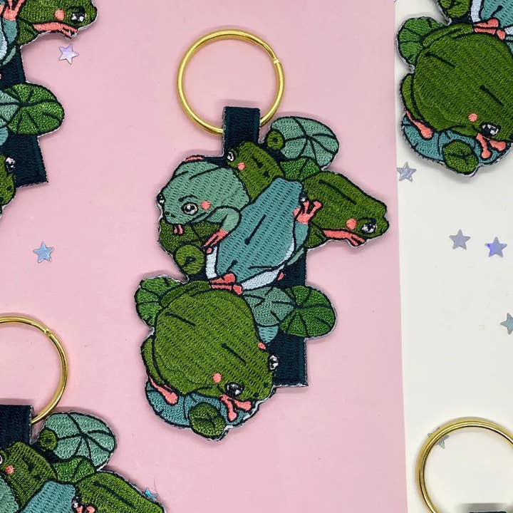 Embroidered Frog Keychain, Cottagecore Double Sided Keyring for wholesale by BubblesArtCraft