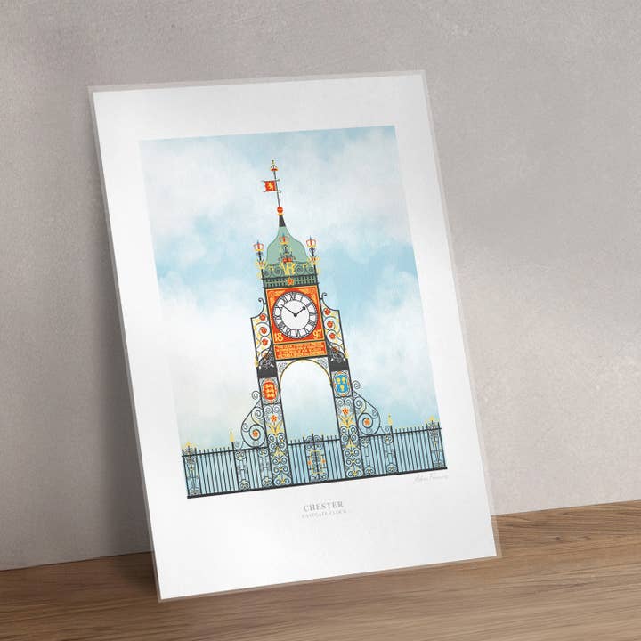 Chester, Eastgate Clock, Art Prints for wholesale by Adam Francis Illustrator