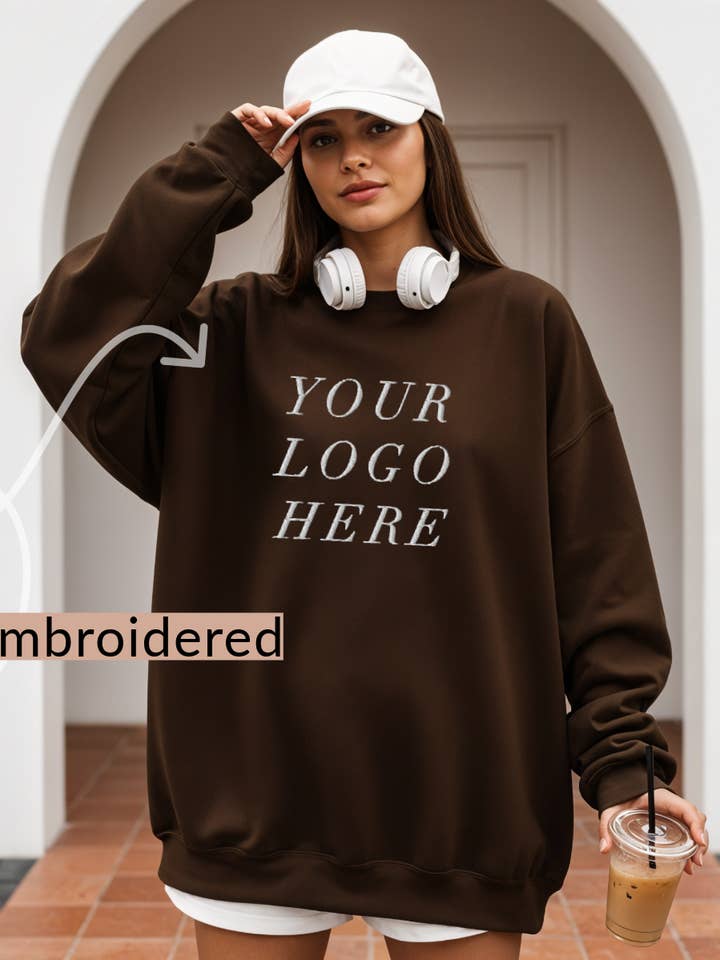 Custom LOGO Sweatshirt *Embroidered // Gildan, One-Sided and other Purchase Wholesale customized sweatshirts. Free Returns & Net 60 Terms on Faire trending on Faire.