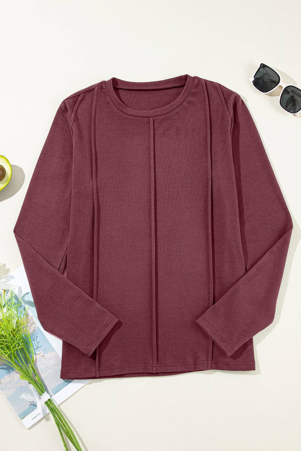 FULL TIME PURCHASE - Wholesale Knit Top - Women's - Solid Exposed Seam Crew Neck Long Sleeve Top13