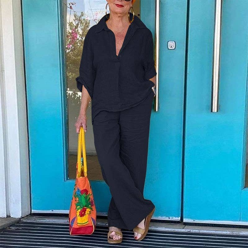 HIDDENBRAND - Wholesale Top & Pant Set (NOT Loungewear) - Women's - 3/4 sleeve shirt top wide-leg pants set2