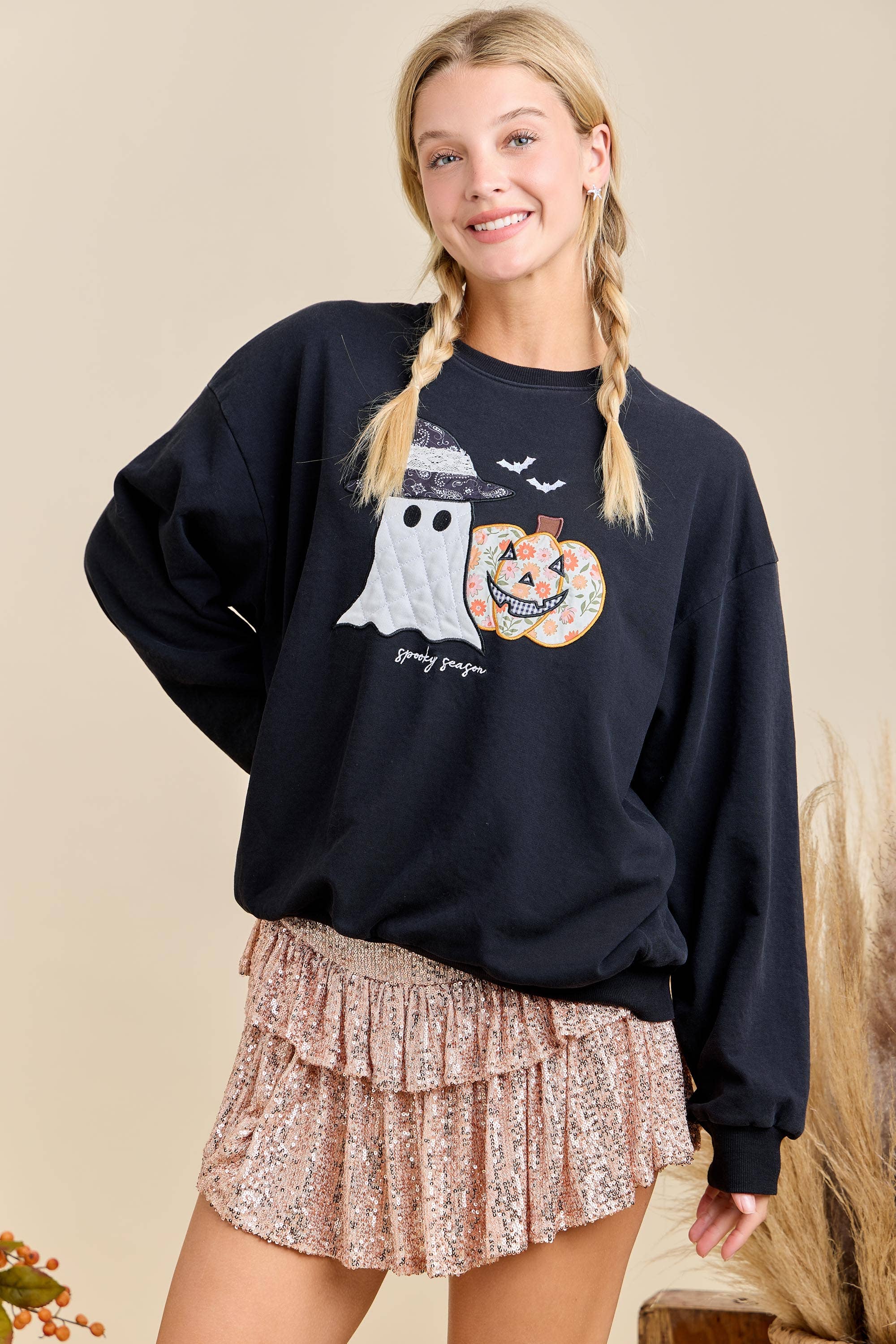 BLACK Halloween Patchwork Long Sleeve Crewneck With Mineral Wash	 for wholesale on Faire4