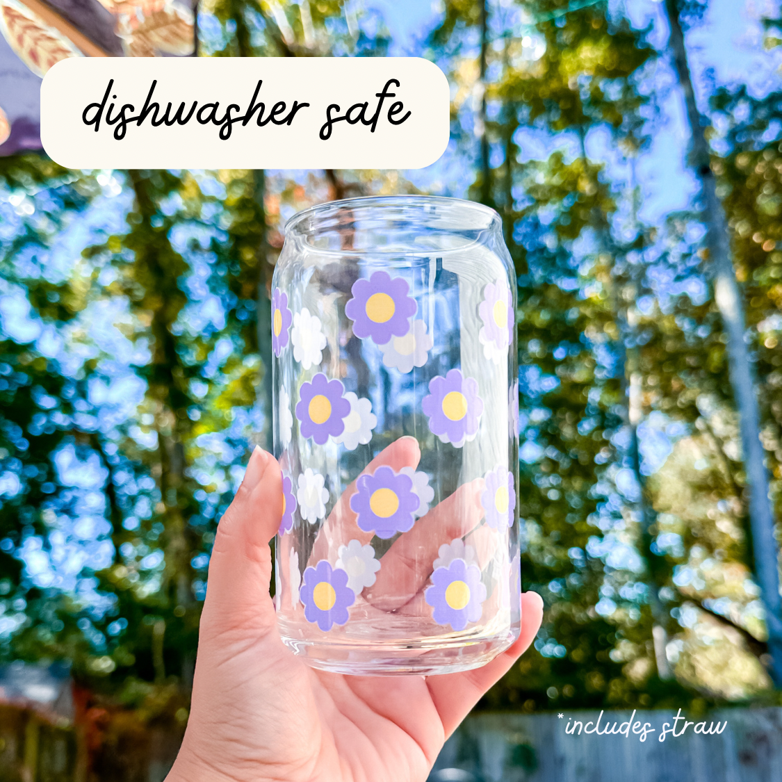 Oak Shore Collective LLC - Wholesale Drinking Glass/Cup - Purple Daisies | Libbey Glass Beer Can Iced Coffee Glass4