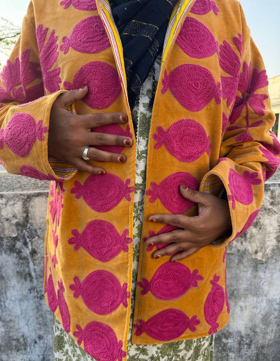 bhavnas boutique - Wholesale Jacket - Women's - Orange Velvet Kimono Robe Floral Embroidery Velvet Jackets4