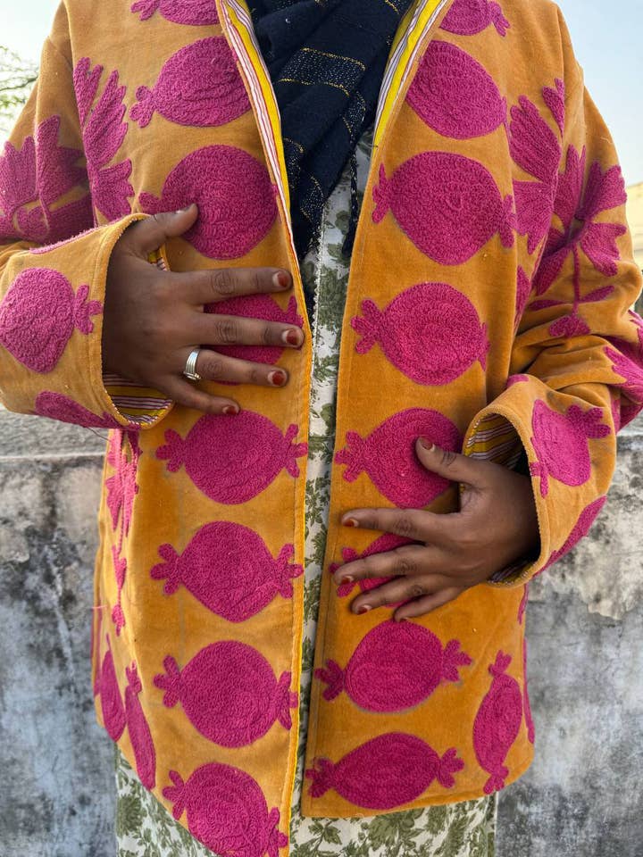 GYPSY STUDIO - Wholesale Jacket - Women's - Orange Velvet Jacket Embroidery Floral Design Long Coats3