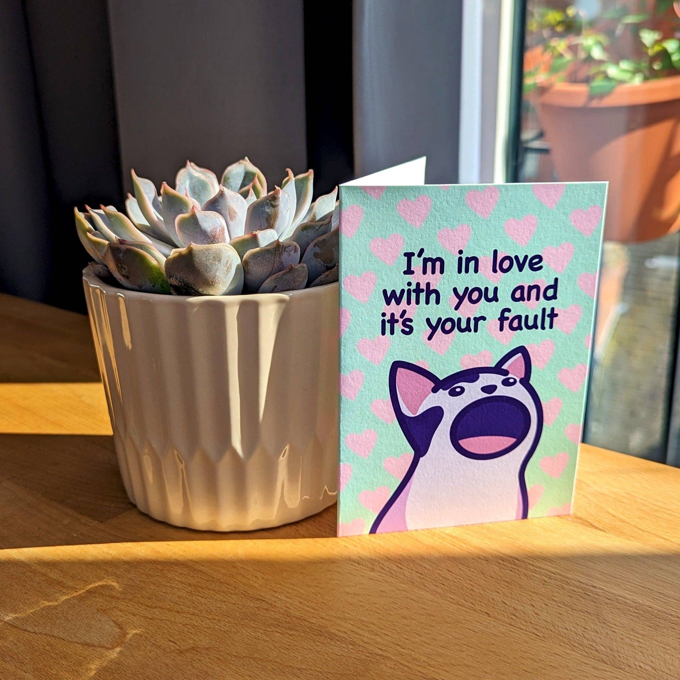 Mona Mauve • Silly Art! – wholesale Anniversary card – Funny Pop Cat Anniversary Card | Cat Meme Love Card2