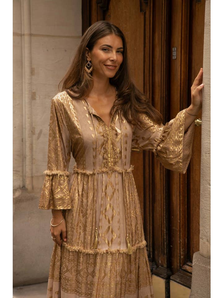 Green Long upstairs dress, with gold geometric print pattern for wholesale on Faire