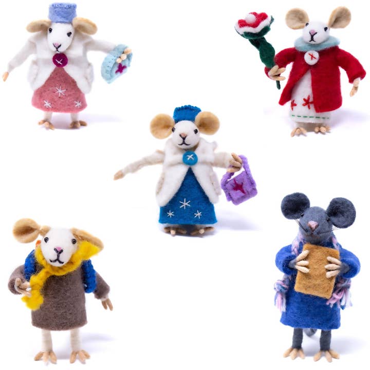 Set of Five Family Mouse Collectibles Handmade Felt Decor for wholesale by Global Crafts