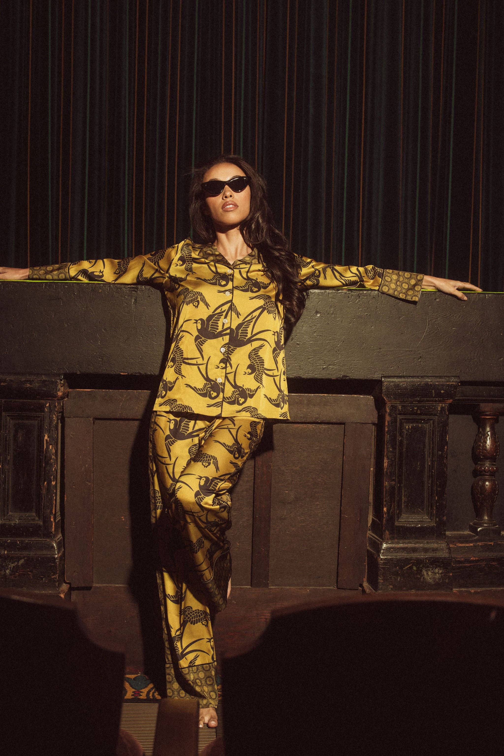 GOLD KILO BRAVA SATIN COLLECTION- ANTIQUE SWALLOWS- LONG PJ SET for wholesale on Faire1