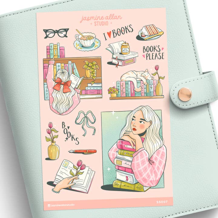 I Love Books Sticker Sheet, Bookish Vinyl Stickers for wholesale by Jasmine Allan Studio