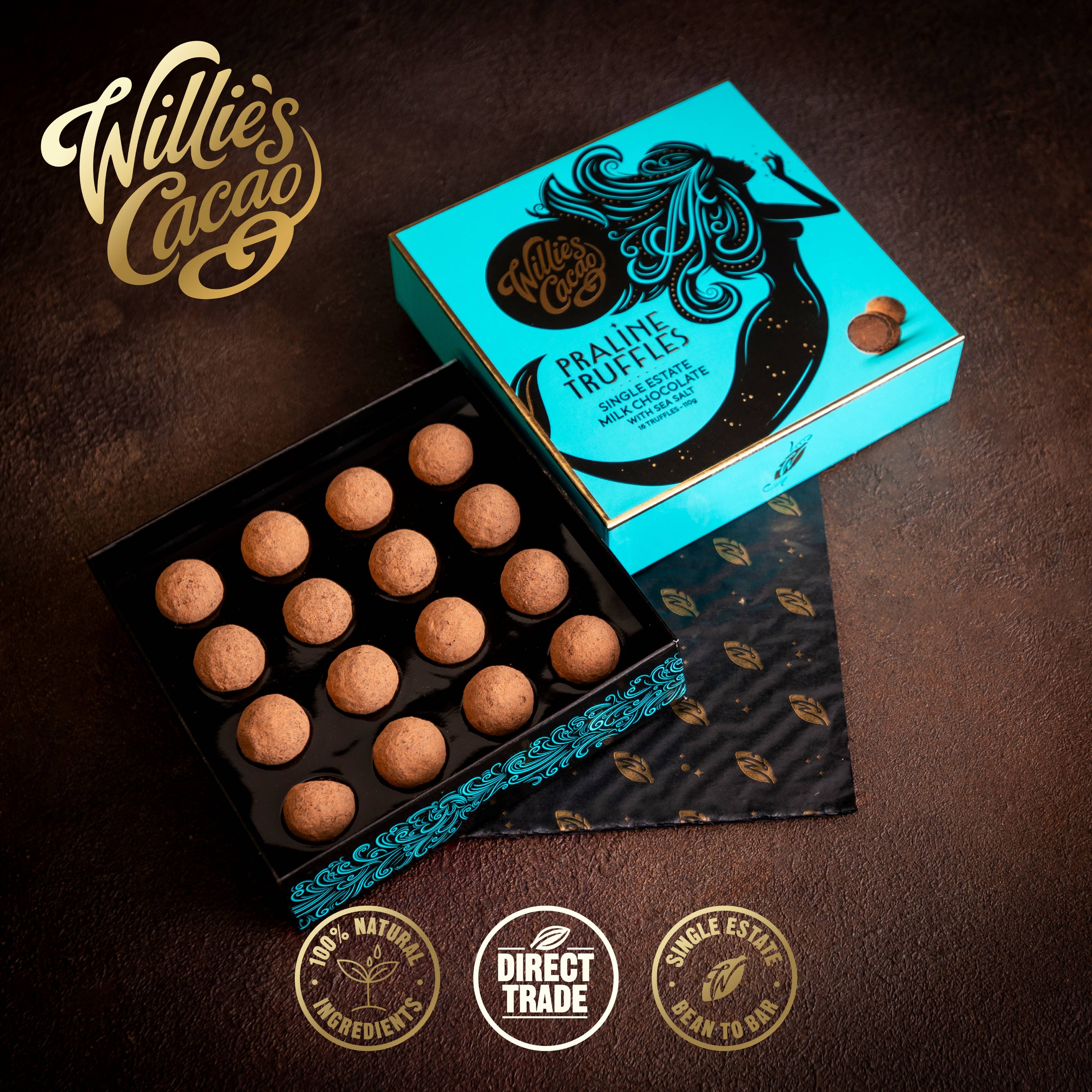 Willie's Cacao - Wholesale Chocolate Box - Milk Chocolate Praline Truffles w Sea Salt. 16 truffles 110g5