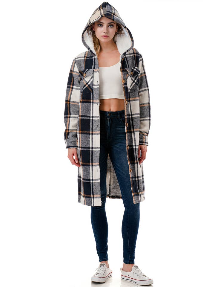 Color 5 - Wholesale Shirt Jacket/Shacket - Women's - Sherpa fur lined plaid flannel jacket with hoodie and pocket16