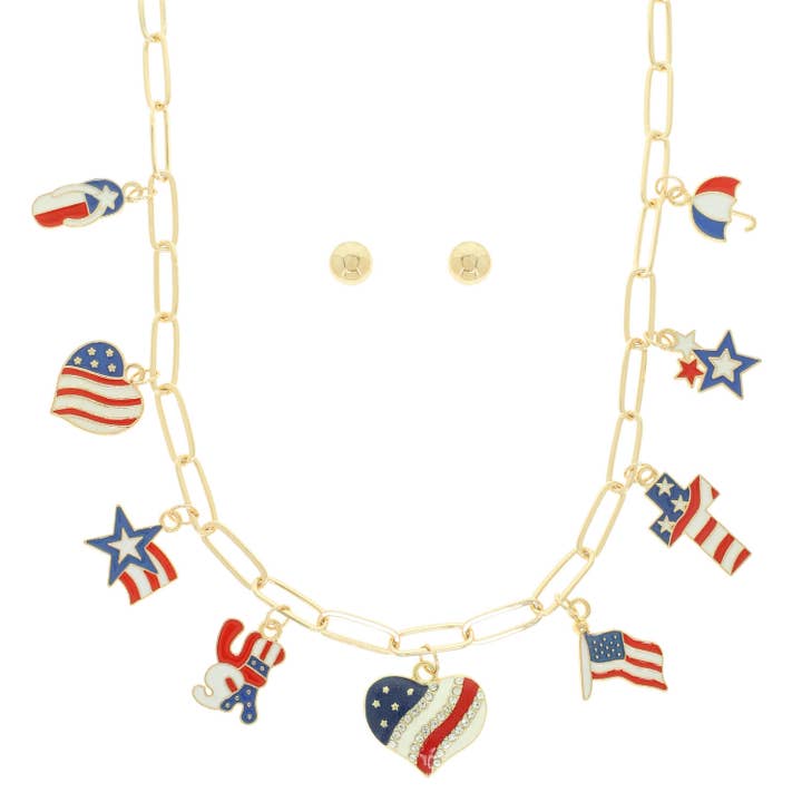 SP Sophia Collection - Wholesale Jewelry Set - Americana Flag Theme Charm Necklace & Earring Set