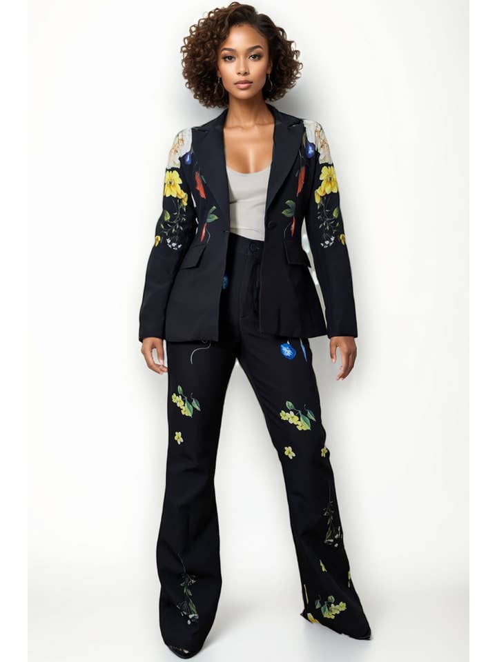 BLACK GF1198 FITTED FLORAL JACKET / PANT SET for wholesale on Faire2