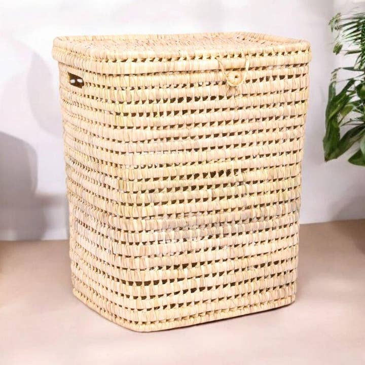 Natural Palm Leaf Laundry Basket with Lid for wholesale by HandHappiness