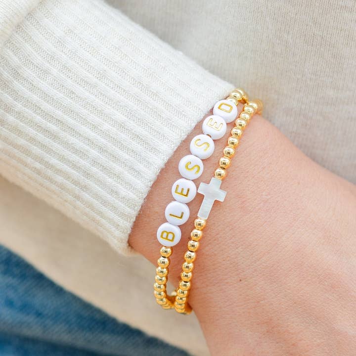 Splendid Iris - Wholesale Beaded Bracelet - 4mm Stretch Breaded Bracelet w/ Cross4