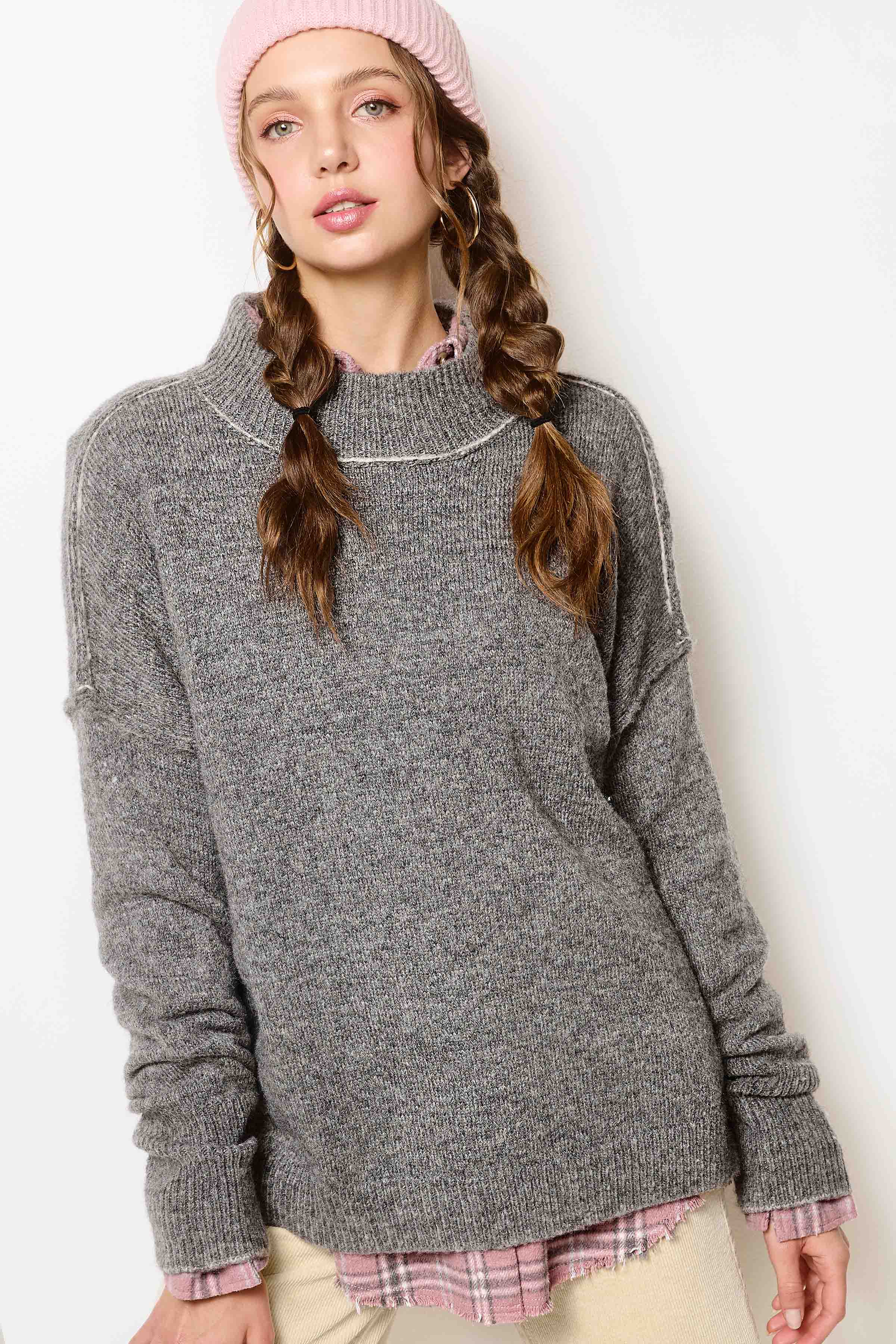 La Miel - Wholesale Knit Sweater - Women's - MCS3566-Loose Fit Mock Neck Exposed Seaming Detailed Sweater41