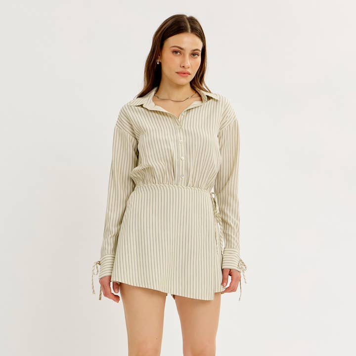 BUTTON FRONT STRIPE ROMPER WITH SKIRT OVERLAY for wholesale by idem ditto